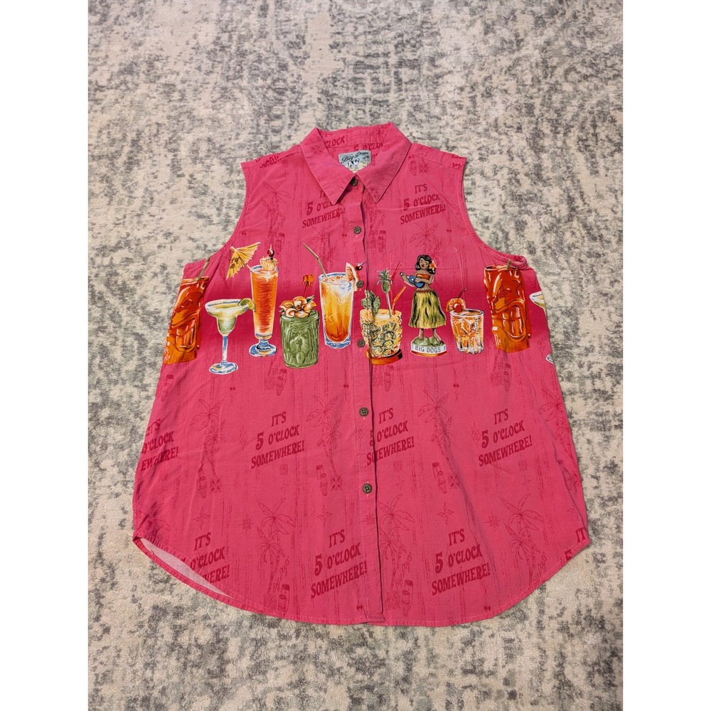 Big Dogs Pink 5 O'Clock Somewhere Sleeveless Button Up Tropical Shirt Women's XL